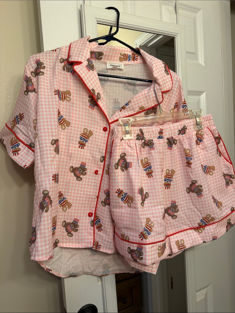 Pink Gingham Kids Pajama Set with Teddy Print